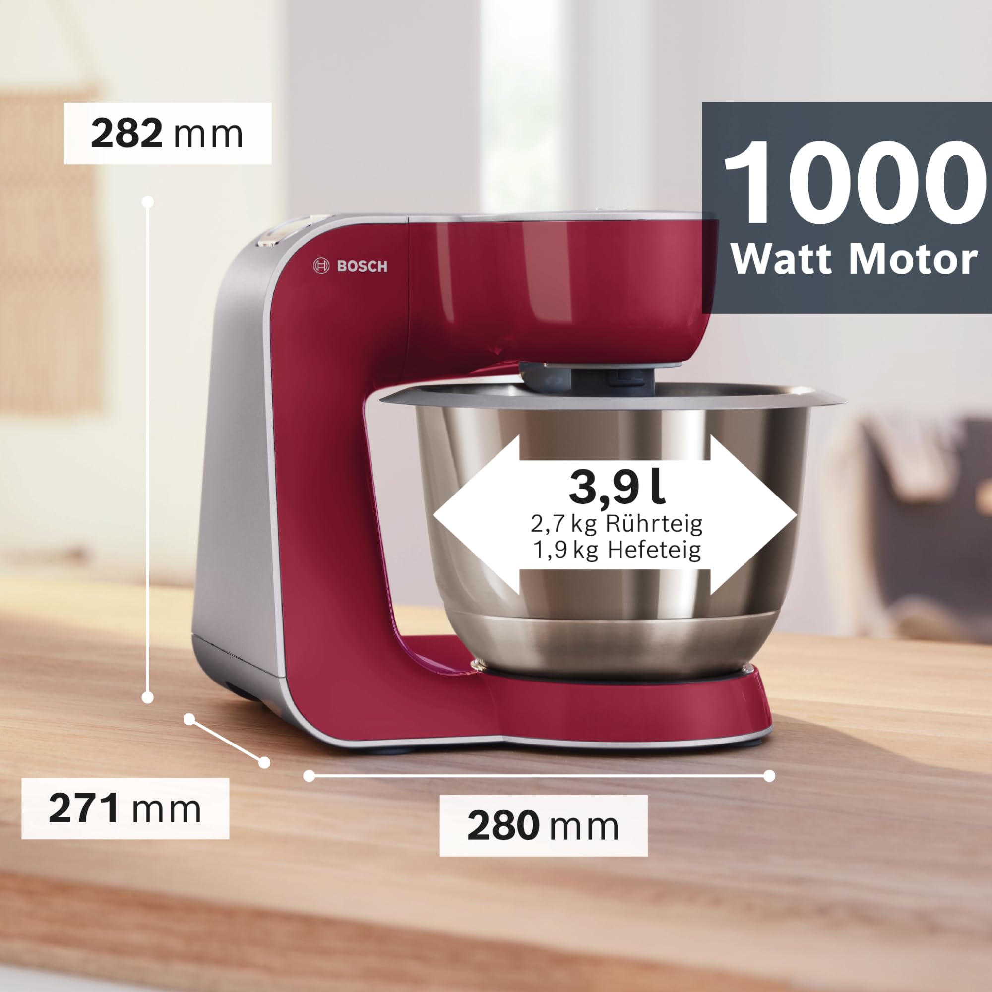 Bosch Küchenmaschine MUM5 CreationLine MUM58720,Edelstahl-Schüssel 3,9 L, Mixer 1,25 L, Planetenrührwerk,Knethaken,Schlag,Rührbesen, Durchlaufschnitzler, 3 Scheiben, 1000 W, Dunkelrot/Silber