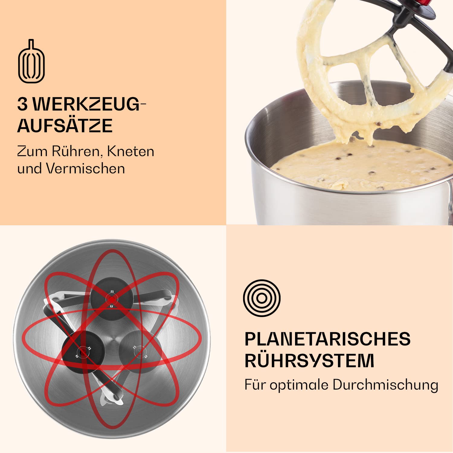 Klarstein Knetmaschine Küchenmaschine mit Fleischwolf, 2000W Teigmaschine Klein, 6 Stufen, Schneebesen Rühr- & Knethaken, Planetenrührwerk, Rührmaschine mit Mixer, Küchenmaschinen mit 5L Schüssel
