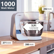 Bosch Küchenmaschine MUM5 MUM5XW20, Edelstahl-Schüssel 3,9 L, integrierte Waage, Mixer 1,25 L, Profi-Knethaken, Schnee-, Silikonbesen, Durchlaufschnitzler, 4 Scheiben, 1000 W, weiß