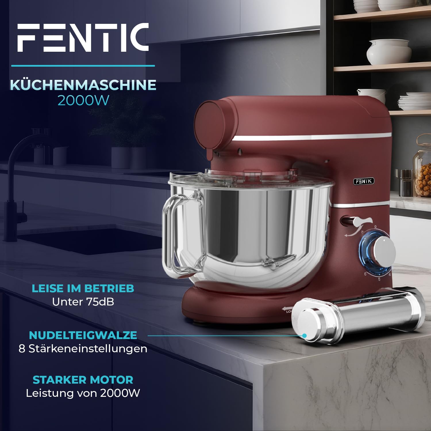 Fentic Kuchenmaschine mit Nudelmaschine – 2000W – Knetmaschine mit Nudelmaschine Elektrische – Pasta Maker - 6,2L Edelstahl Rührschüssel (Rot)