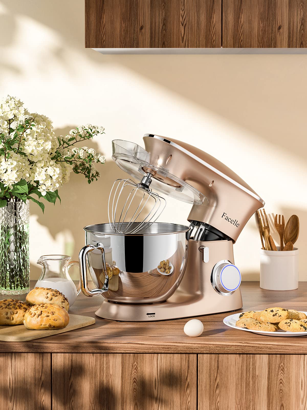 Küchenmaschine Knetmaschine 2000W 8,5L Facelle Teigknetmaschine Teigmaschine Rührmaschine mit Schneebesen, Knethaken, Rührbesen & Spritzschutz zum Backen, Kuchen, Kekse, Kneten, 6+P Geschwindigkeit
