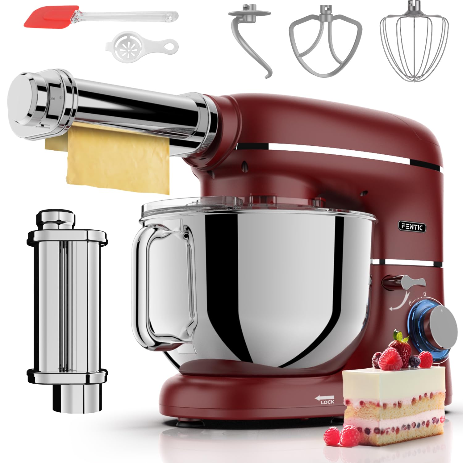 Fentic Kuchenmaschine mit Nudelmaschine – 2000W – Knetmaschine mit Nudelmaschine Elektrische – Pasta Maker - 6,2L Edelstahl Rührschüssel (Rot)