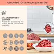Klarstein Knetmaschine Küchenmaschine mit Fleischwolf, 2000W Teigmaschine Klein, 6 Stufen, Schneebesen Rühr- & Knethaken, Planetenrührwerk, Rührmaschine mit Mixer, Küchenmaschinen mit 5L Schüssel