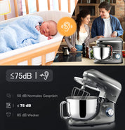 Fentic Küchenmaschine - 2000W - Edelstahl Rührschüssel (6,2 L) - Knetmaschine mit Rührhaken, Knethaken, Schlagbesen und Spritzschutz - Inkl. zusätzlichem Zubehör - Anthrazit