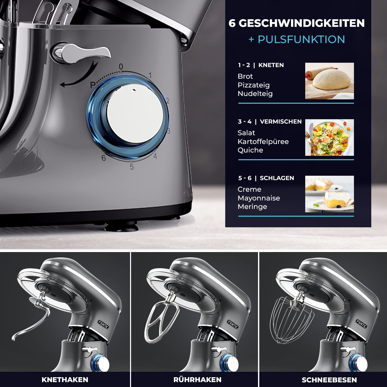 Fentic Küchenmaschine - 2000W - Edelstahl Rührschüssel (6,2 L) - Knetmaschine mit Rührhaken, Knethaken, Schlagbesen und Spritzschutz - Inkl. zusätzlichem Zubehör - Anthrazit