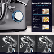 Fentic Küchenmaschine - 2000W - Edelstahl Rührschüssel (6,2 L) - Knetmaschine mit Rührhaken, Knethaken, Schlagbesen und Spritzschutz - Inkl. zusätzlichem Zubehör - Anthrazit
