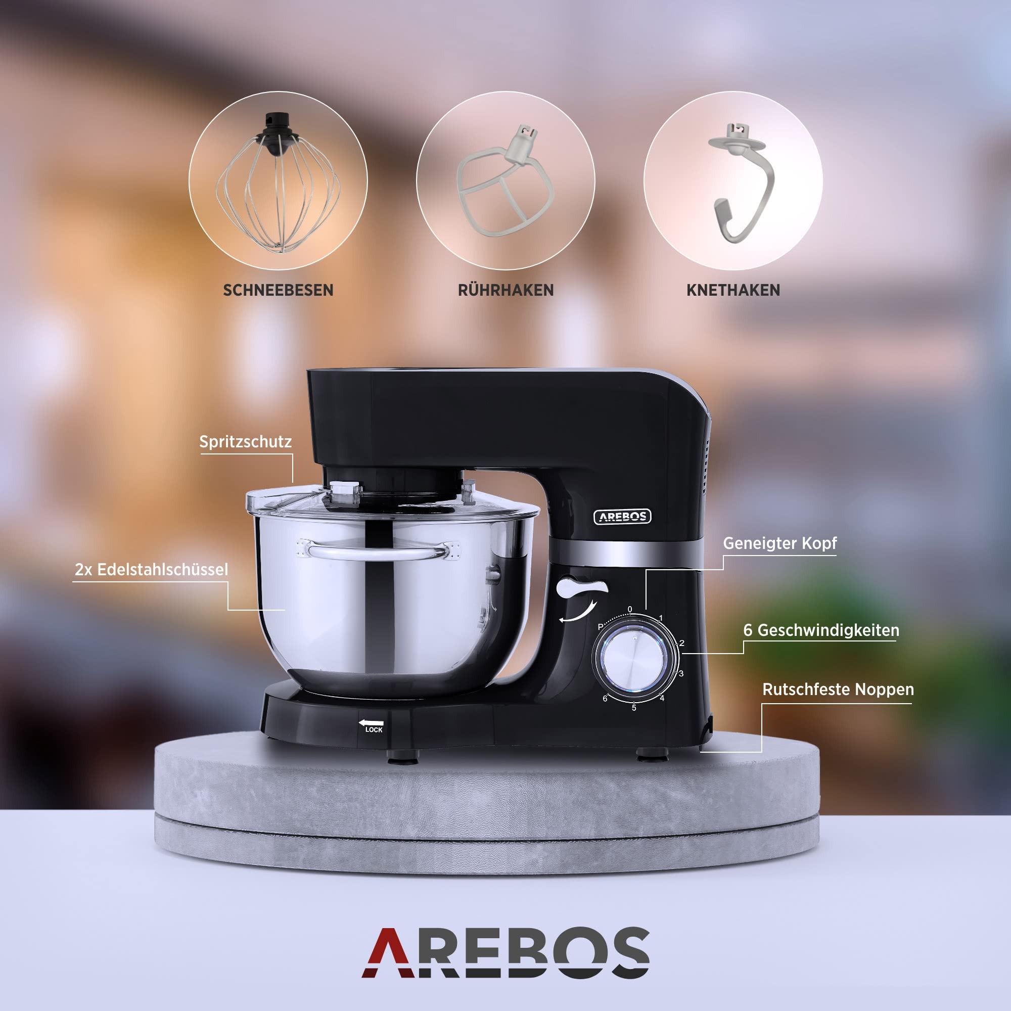 Arebos Küchenmaschine 1500W Schwarz | Knetmaschine mit 2x Edelstahl-Rührschüsseln 4,5 & 5,5L | Geräuscharm | Küchenmixer mit Rührhaken, Knethaken, Schlagbesen und Spritzschutz | 6 Geschwindigkeiten