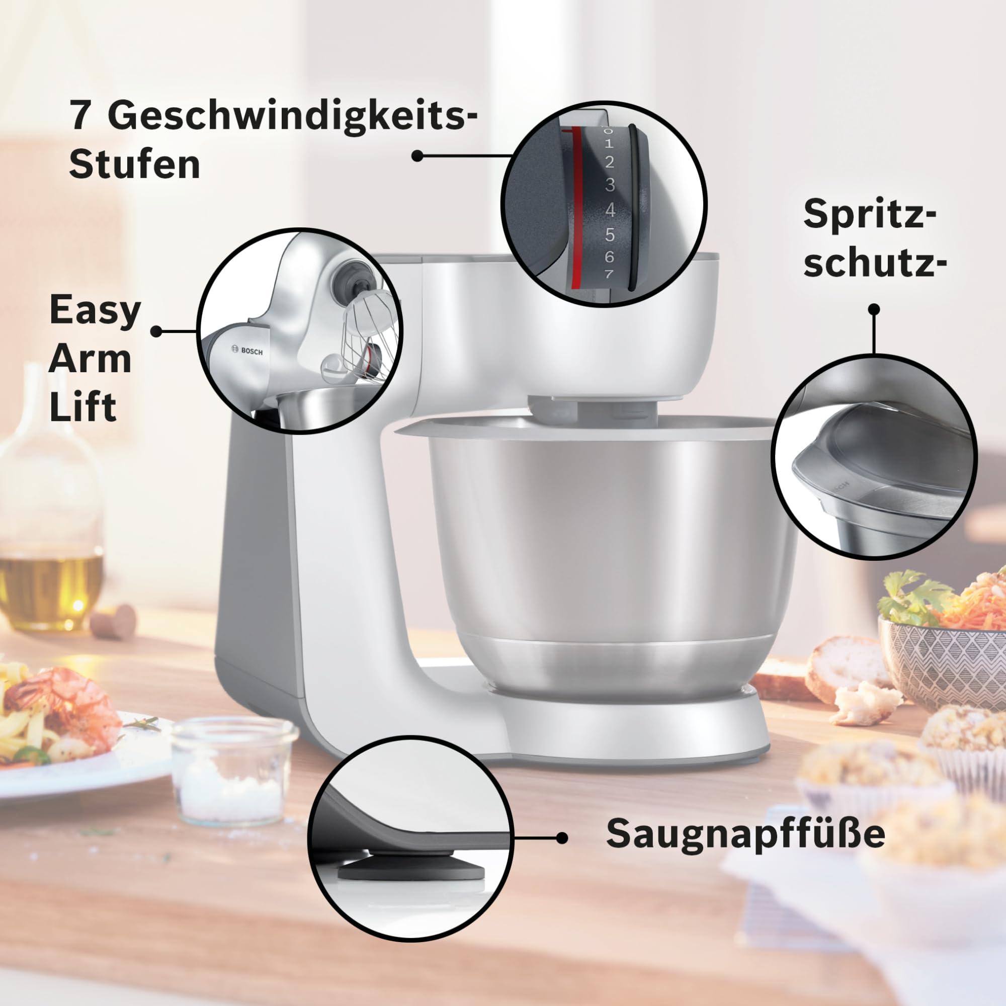 Bosch Küchenmaschine MUM5 Styline MUM56340, Schüssel 3,9 L, Mixer 1,25 L, Fleischwolf, Zitruspresse, Planetenrührwerk, Knethaken, Rührbesen, Durchlaufschnitzler, 3 Scheiben, 900 W, Anthrazit/Silber