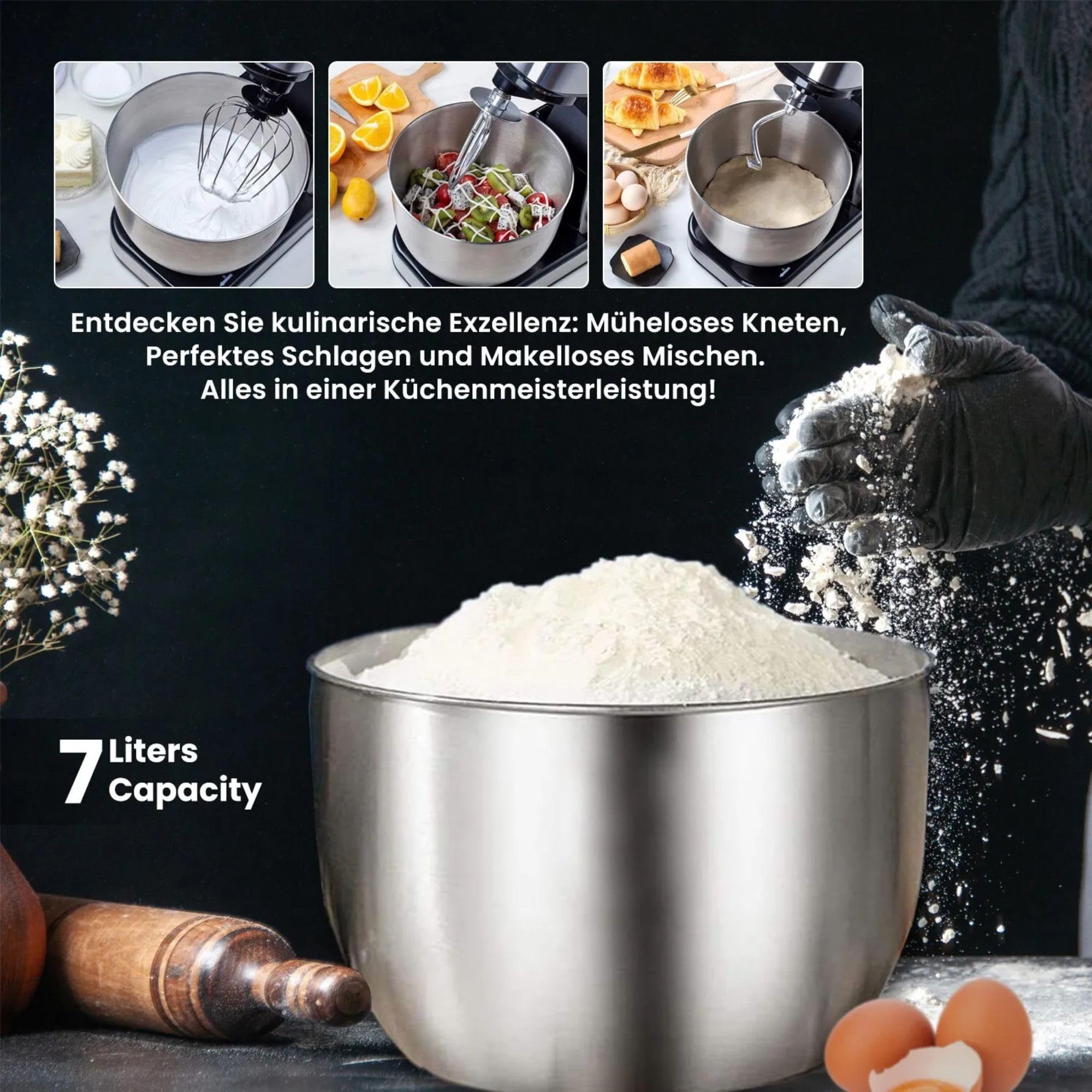 KB ELEMENTS 4-in-1 Küchenmaschine - Multifunktions Küchenmaschine – 2500W – Mit Fleischwolf, Mit Pasta set, Timer - Digitale Steuerung - 1,5L Entsafter, Gemüseschneider – Knetmaschine, Edelstahl