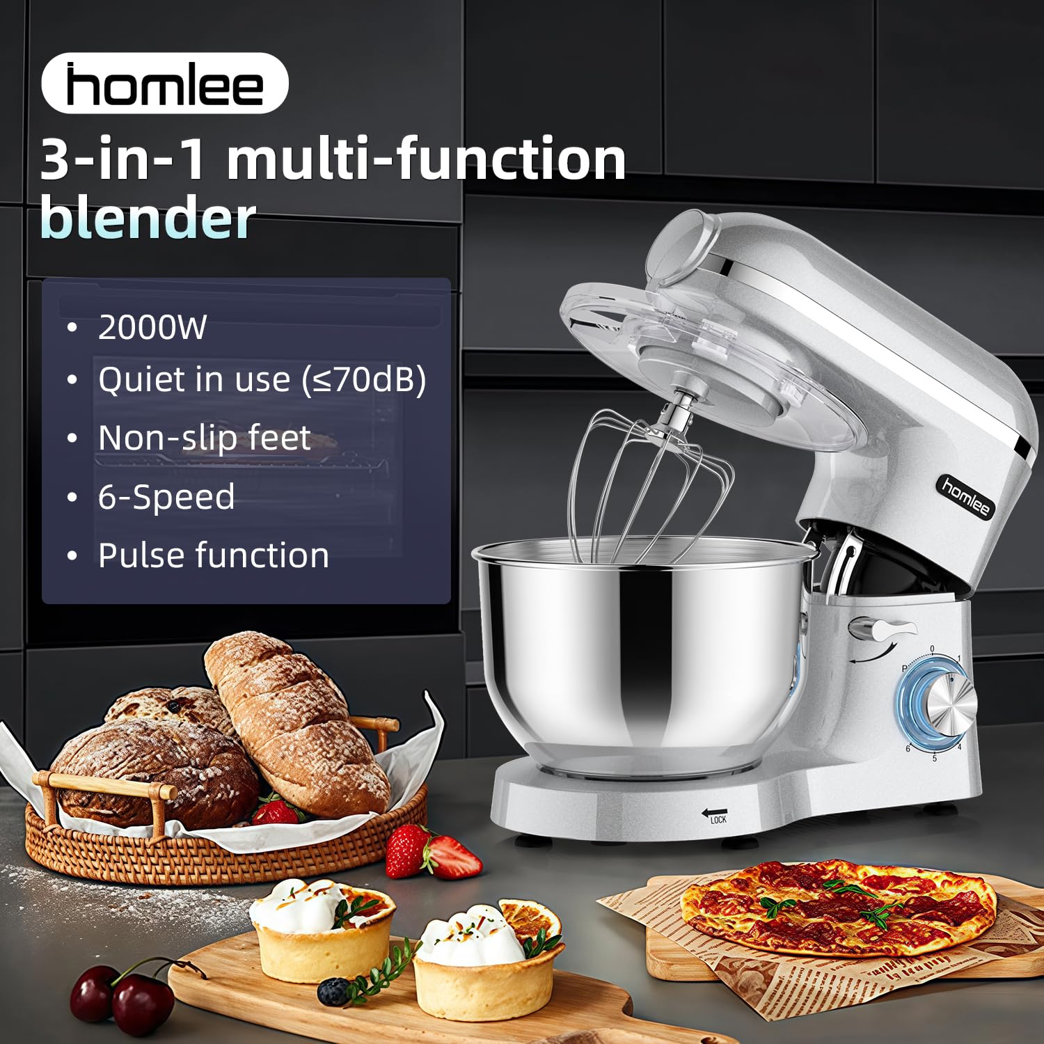 Homlee 3 in 1 Universal Küchenmaschine 2000W Multifunktionale Knetmaschine 6-stufige Gescheindigkeit Mixer, mit Fleischwolf, 1.5L Saftpresse, 5.5L Edelstahlschüssel knetmaschine