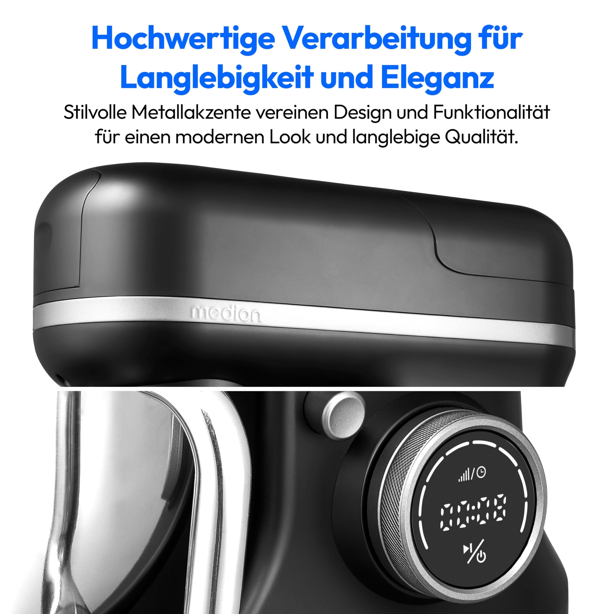 MEDION Küchenmaschine (Mixer, Fleischwolf, Eisschüssel für Zubereitung von Eis, 4 in 1, 1.200 Watt, Reiben Raspeln Schneiden, Digitales Touch Display, Knetmaschine, Teigmaschine, MD18440) Schwarz
