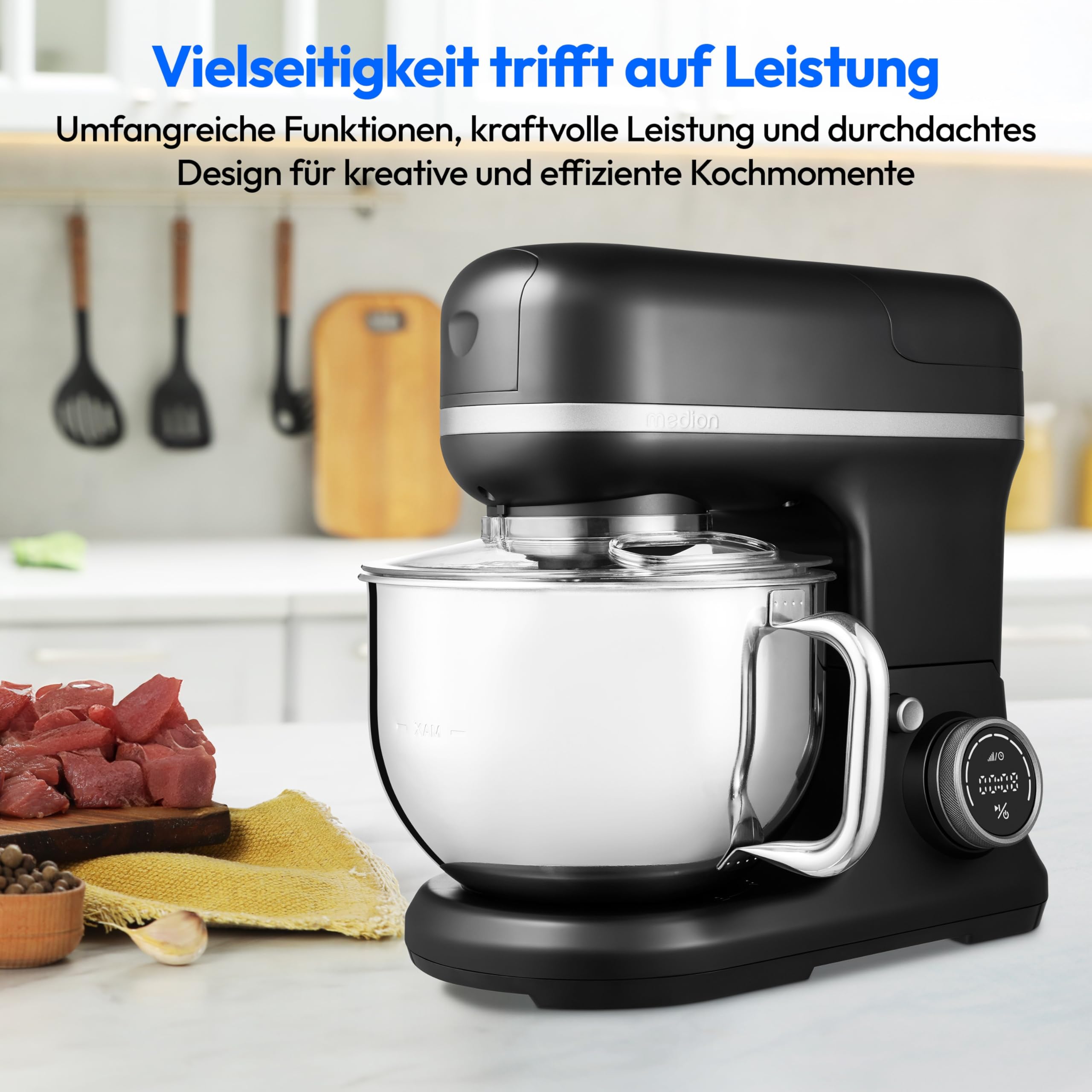 MEDION Küchenmaschine (Mixer, Fleischwolf, Eisschüssel für Zubereitung von Eis, 4 in 1, 1.200 Watt, Reiben Raspeln Schneiden, Digitales Touch Display, Knetmaschine, Teigmaschine, MD18440) Schwarz