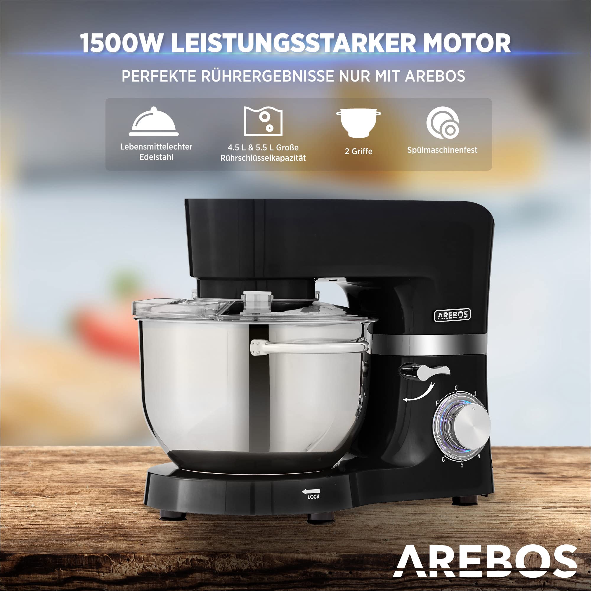 Arebos Küchenmaschine 1500W Schwarz | Knetmaschine mit 2x Edelstahl-Rührschüsseln 4,5 & 5,5L | Geräuscharm | Küchenmixer mit Rührhaken, Knethaken, Schlagbesen und Spritzschutz | 6 Geschwindigkeiten