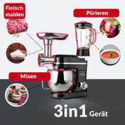 LEHMANN 3 in 1 Multifunktions Küchenmaschine mit Fleischwolf und 1.5L Standmixer, 3000W, Knetmaschine mit 5L Edelstahlschüssel, 6 Geschwindigkeiten und Pulse, Rührmaschine mit großem Zubehör-Set