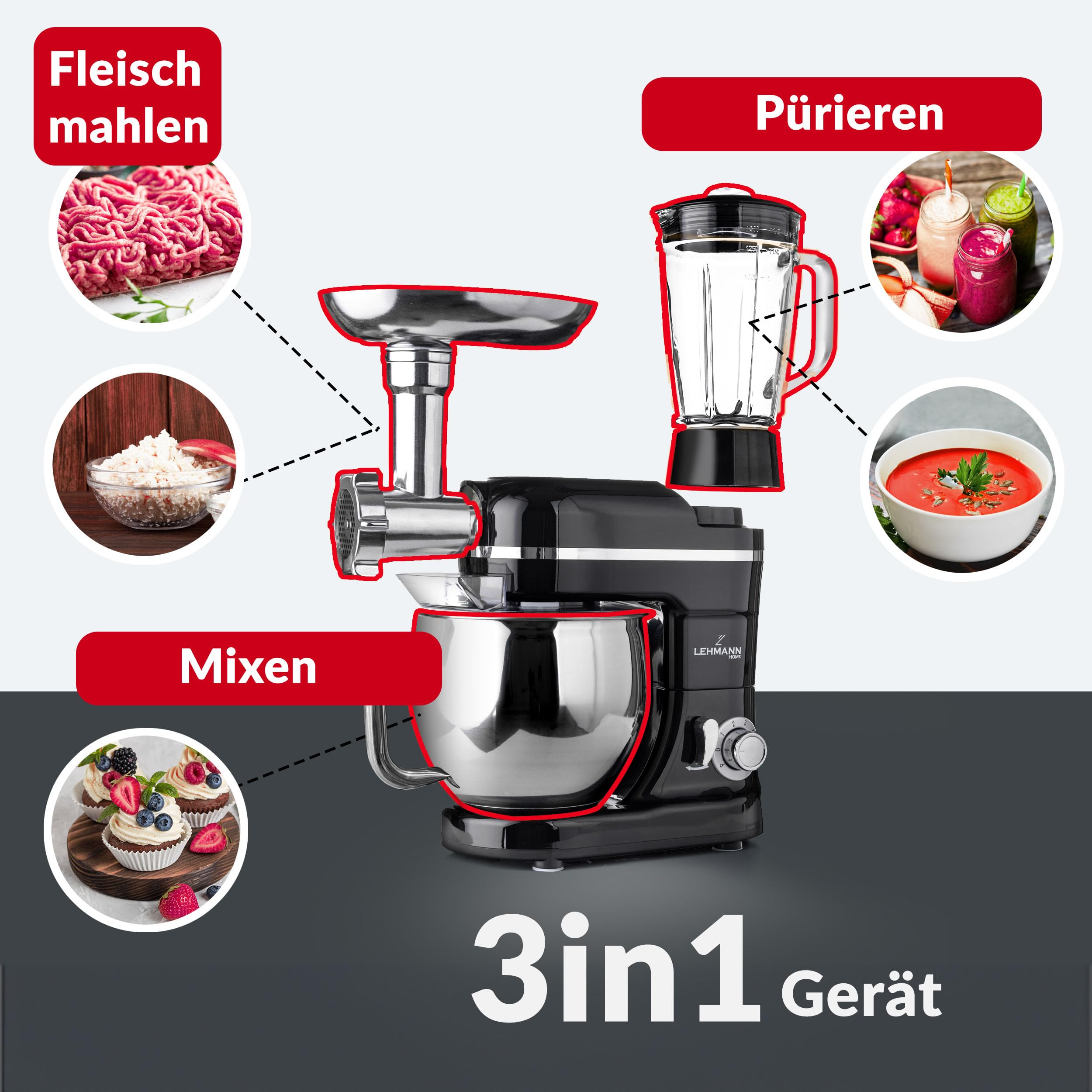 LEHMANN 3 in 1 Multifunktions Küchenmaschine mit Fleischwolf und 1.5L Standmixer, 3000W, Knetmaschine mit 5L Edelstahlschüssel, 6 Geschwindigkeiten und Pulse, Rührmaschine mit großem Zubehör-Set