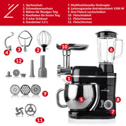 LEHMANN 3 in 1 Multifunktions Küchenmaschine mit Fleischwolf und 1.5L Standmixer, 3000W, Knetmaschine mit 5L Edelstahlschüssel, 6 Geschwindigkeiten und Pulse, Rührmaschine mit großem Zubehör-Set