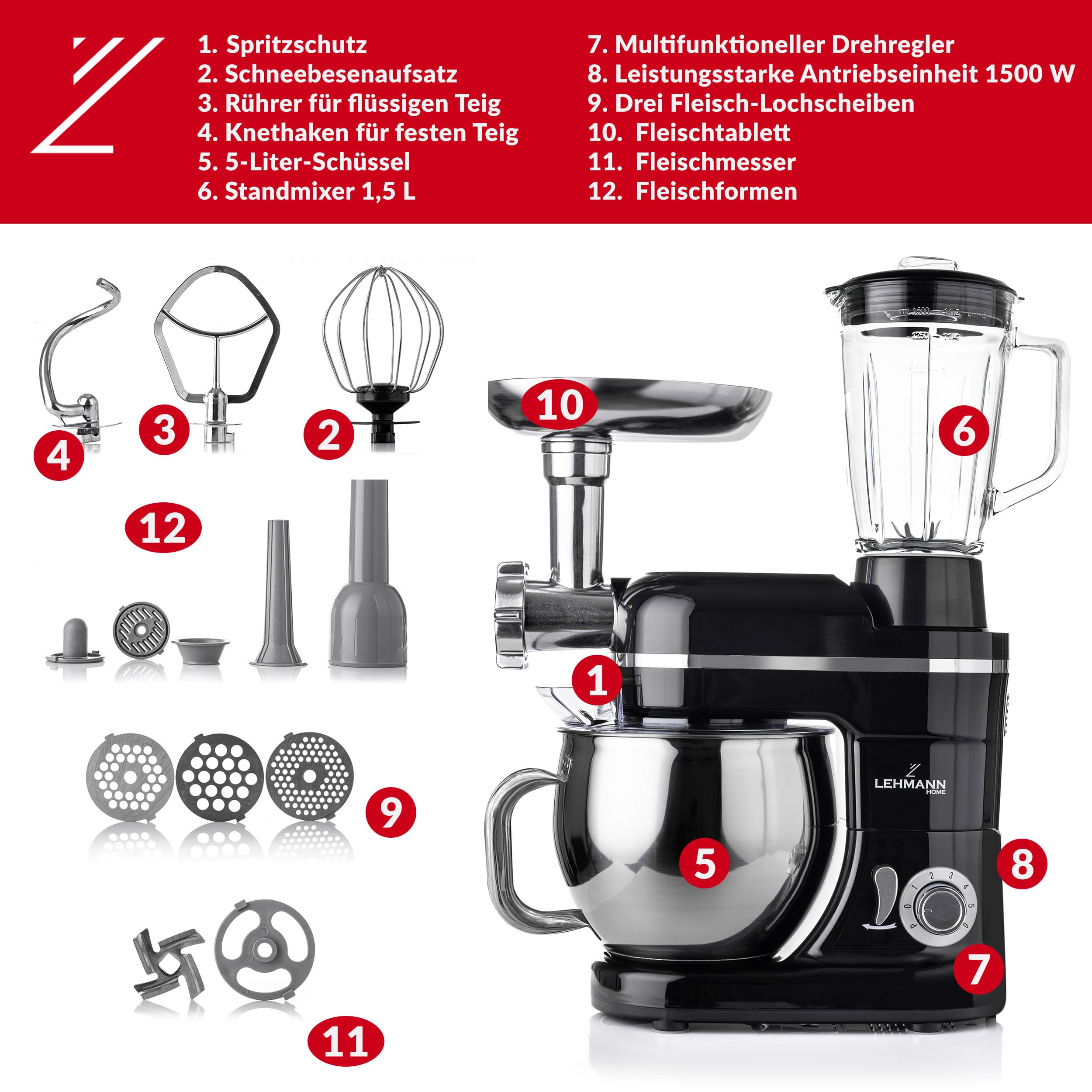 LEHMANN 3 in 1 Multifunktions Küchenmaschine mit Fleischwolf und 1.5L Standmixer, 3000W, Knetmaschine mit 5L Edelstahlschüssel, 6 Geschwindigkeiten und Pulse, Rührmaschine mit großem Zubehör-Set