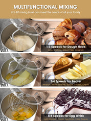 Küchenmaschine Knetmaschine 2000W 8,5L Facelle Teigknetmaschine Teigmaschine Rührmaschine mit Schneebesen, Knethaken, Rührbesen & Spritzschutz zum Backen, Kuchen, Kekse, Kneten, 6+P Geschwindigkeit