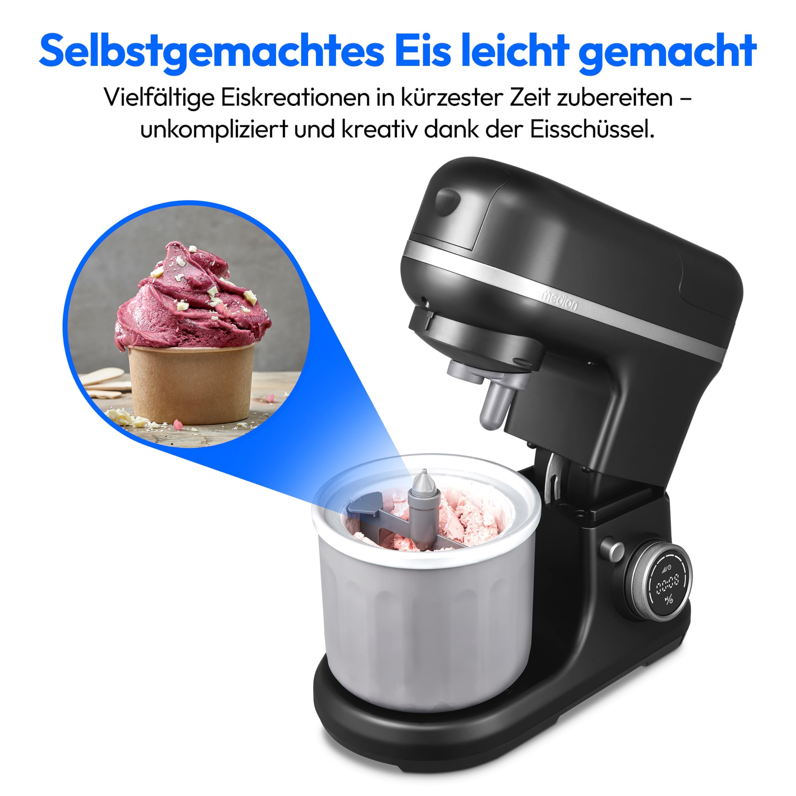 MEDION Küchenmaschine (Mixer, Fleischwolf, Eisschüssel für Zubereitung von Eis, 4 in 1, 1.200 Watt, Reiben Raspeln Schneiden, Digitales Touch Display, Knetmaschine, Teigmaschine, MD18440) Schwarz