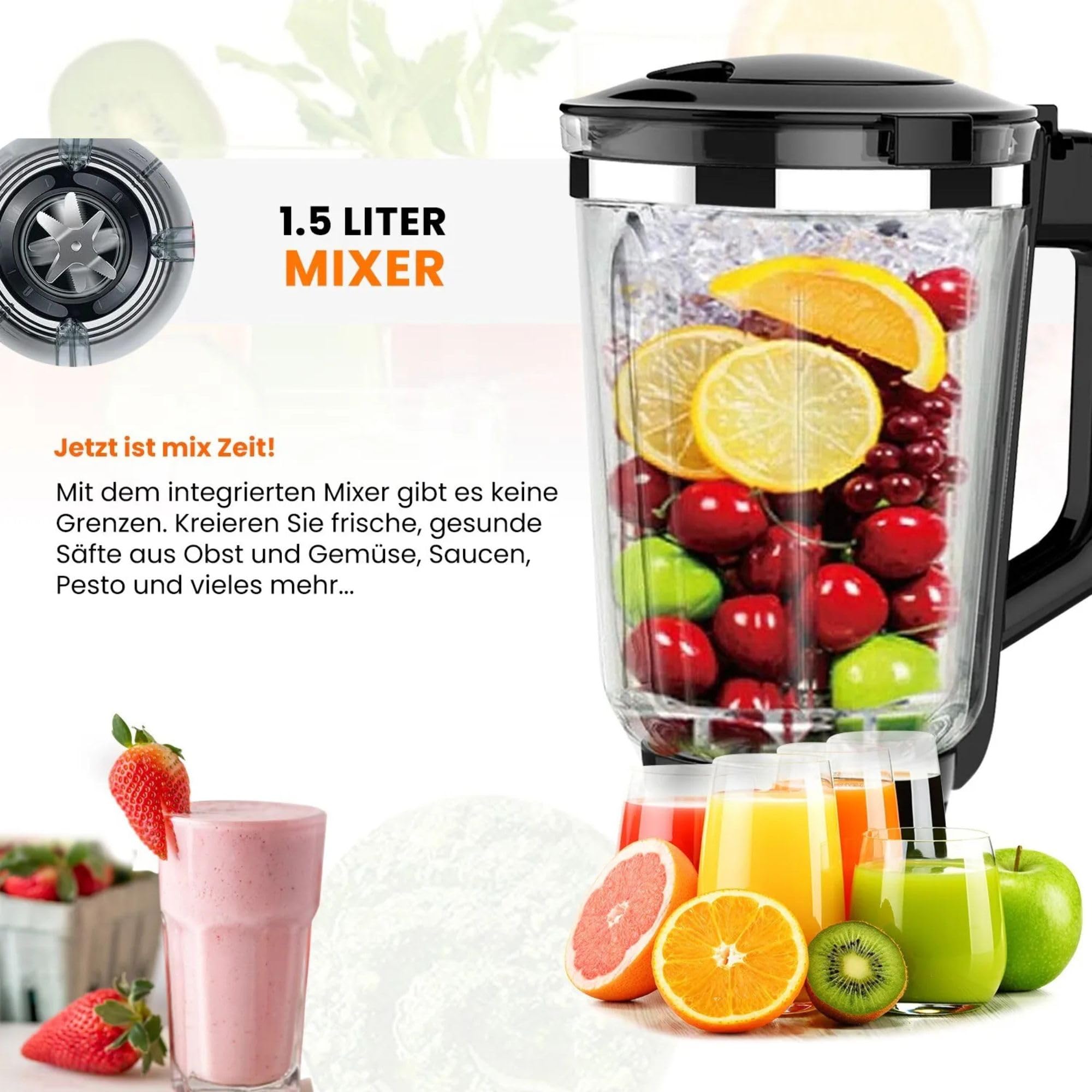 KB ELEMENTS 4-in-1 Küchenmaschine - Multifunktions Küchenmaschine – 2500W – Mit Fleischwolf, Mit Pasta set, Timer - Digitale Steuerung - 1,5L Entsafter, Gemüseschneider – Knetmaschine, Edelstahl