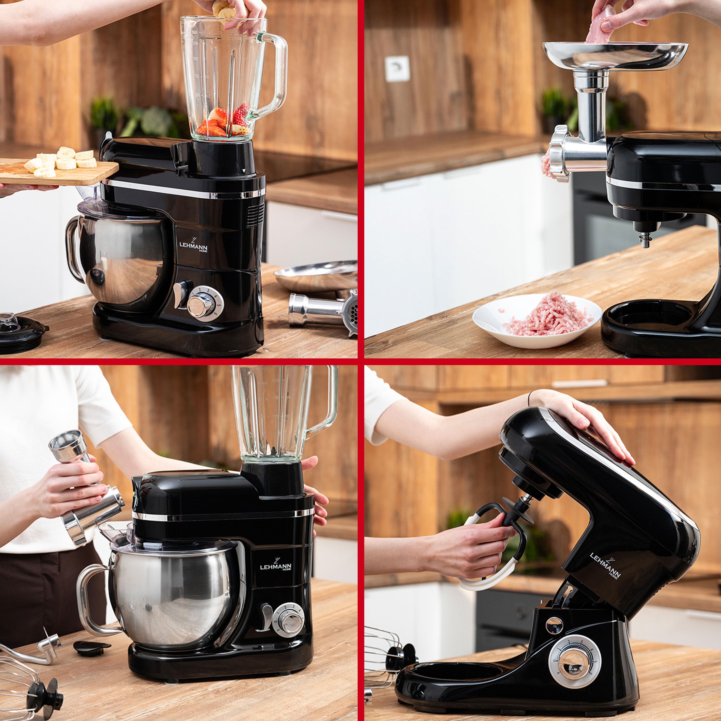 LEHMANN 3 in 1 Multifunktions Küchenmaschine mit Fleischwolf und 1.5L Standmixer, 3000W, Knetmaschine mit 5L Edelstahlschüssel, 6 Geschwindigkeiten und Pulse, Rührmaschine mit großem Zubehör-Set